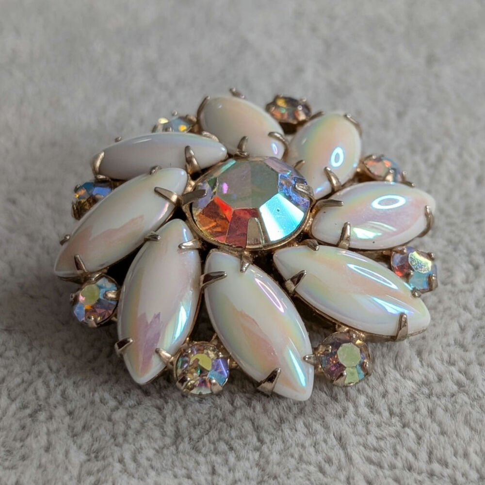 Vintage Aurora Borealis Milk Glass Brooch